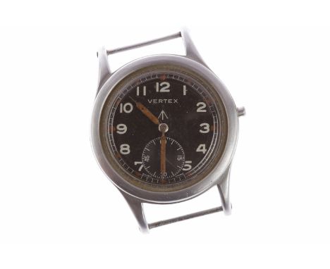 GENTLEMAN'S VERTEX MILITARY ISSUE STAINLESS STEEL MANUAL WIND WRIST WATCHthe round black dial with Arabic numerals in white, 