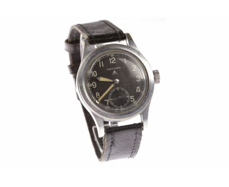 GENTLEMAN'S RECORD MILITARY ISSUE STAINLESS STEEL MANUAL WIND WRIST WATCHthe round black dial with Arabic numerals in white, 
