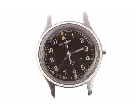 GENTLEMAN'S HAMILTON MILITARY ISSUE STAINLESS STEEL MANUAL WIND WRIST WATCHthe round black dial with Arabic numerals in white