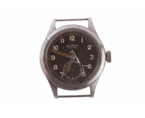 GENTLEMAN'S BUREN MILITARY ISSUE STAINLESS STEEL MANUAL WIND WRIST WATCHthe round black dial with Arabic numerals in white, s