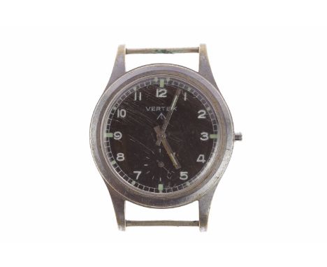 GENTLEMAN'S VERTEX MILITARY ISSUE STAINLESS STEEL MANUAL WIND WRIST WATCHthe round black dial with Arabic numerals in white, 