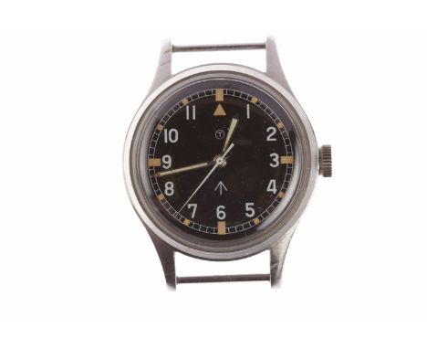 GENTLEMAN'S MILITARY ISSUE STAINLESS STEEL MANUAL WIND WRIST WATCH the round black dial with Arabic numerals in white, outer 
