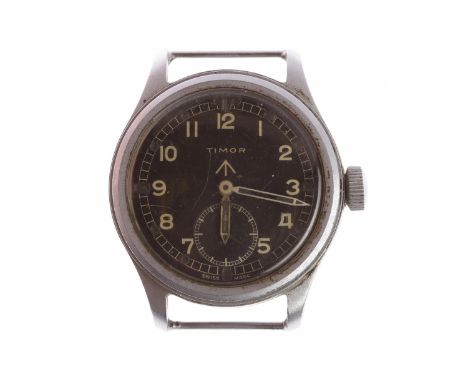 GENTLEMAN'S TIMOR MILITARY ISSUE STAINLESS STEEL MANUAL WIND WRIST WATCHthe round black dial with Arabic numerals in white, s