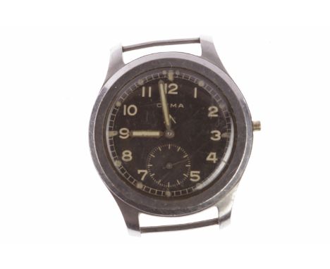 GENTLEMAN'S CYMA MILITARY ISSUE STAINLESS STEEL MANUAL WIND WRIST WATCHthe round black dial with Arabic numerals in white, su