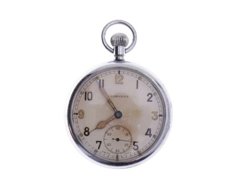 LEONIDAS MILITARY ISSUE STAINLESS STEEL POCKET WATCHthe round white dial with Arabic numerals, subsidiary seconds at 6, outer