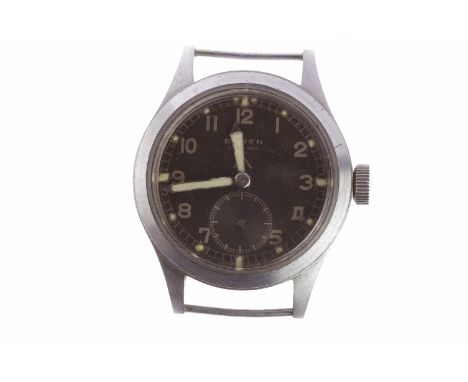 GENTLEMAN'S BUREN MILITARY ISSUE STAINLESS STEEL MANUAL WIND WRIST WATCH the round black dial with Arabic numerals in white, 