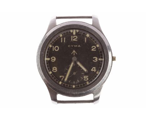 GENTLEMAN'S CYMA MILITARY ISSUE STAINLESS STEEL MANUAL WIND WRIST WATCHthe round black dial with Arabic numerals in white, su