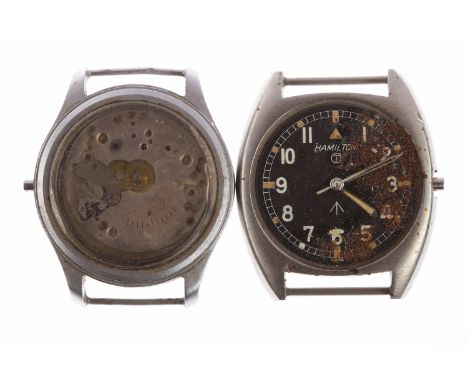 GENTLEMAN'S HAMILTON MILITARY ISSUE STAINLESS STEEL MANUAL WIND WRIST WATCHthe round black dial with Arabic numerals in white