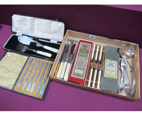 A Matched Set of Six Hallmarked Silver Handled Tea Knives, in a fitted case, together with assorted plated cutlery, mother of