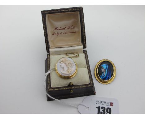 A Limoges French Enamel Brooch, depicting female profile, highlighted in blue, signed to the reverse "H. Cheron Limoges", ova