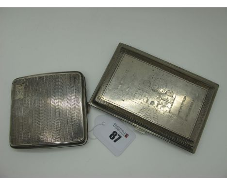 A Hallmarked Silver Cigarette Case, of curved square form, allover engine turned, initialled (107grams); Together with An Ind