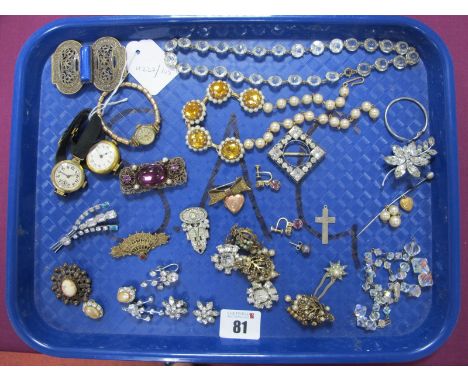 Vintage and Later Costume Jewellery, including Rolled Gold cased and other ladies wristwatches, a waist buckle, heart locket 