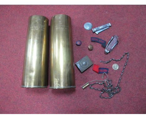 Two WWII 25 Pounder Shell Cases, stamped Gothic Line - Italy 1944, plus a WWII British Army knife, gun cleaner, Italian pen k