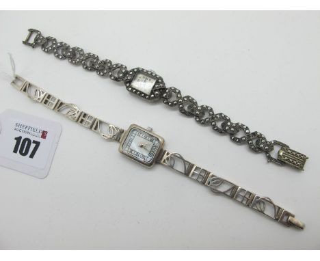 Vidar; A Vintage Marcasite Set Ladies Wristwatch, the signed rectangular dial with Arabic numerals, within marcasite set case