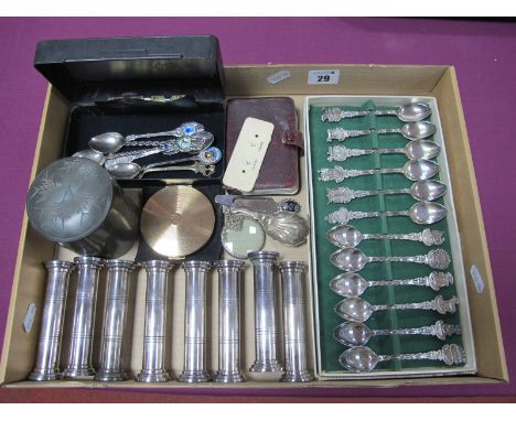 A Set of Eight Plated Cake Pillar Supports, together with a Chinese (Nguan Kwang Heng Swaton) canister (dents), souvenir teas