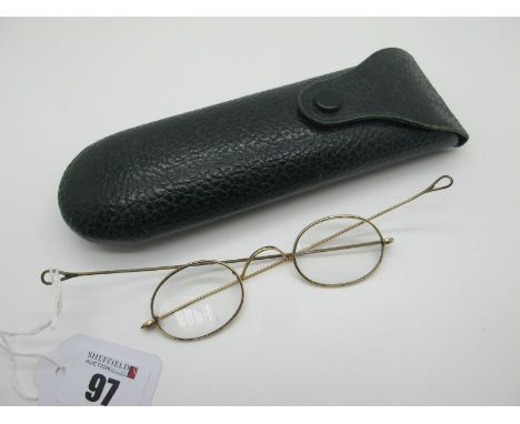 A Vintage Curry &amp; Paxton Ltd Green Spectacle Case, (inside personalised in pen) containing a pair of antique spectacles. 