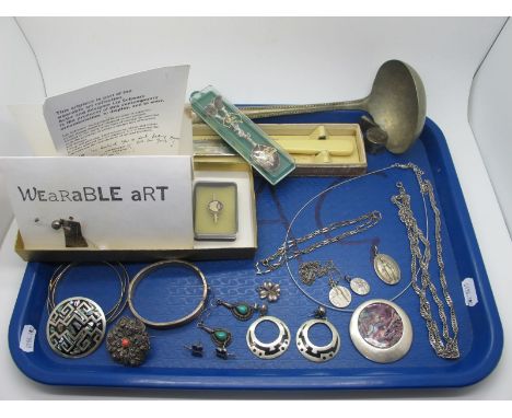 An 'Alpaca' Shell Inset Circular Brooch / Pendant, of geometric design, a hallmarked silver hinged bangle, pairs of earrings,