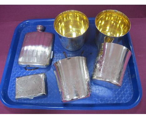 A Hallmarked Silver Cigarette Case, (dents / split) (46grams); together with a JD&amp;S EPBM engine turned hip flask; and a s