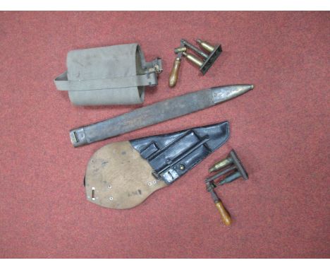 A Mid XX Century Holster for a Lugar, Swedish Army, Police origin, a WWII British water bottle, two reloading presses, and ba
