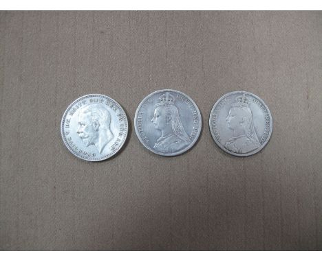 A Set of Three Silver GB Crowns, 1892 Queen Victoria 'Jubilee Head', 1889 Queen Victoria 'Jubilee Head' and a 1935 George V u