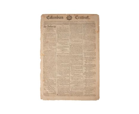The Columbian Centinel, dated March 21, 1792. #825. Contains a detailed list of states that ratified the Bill of Rights and t