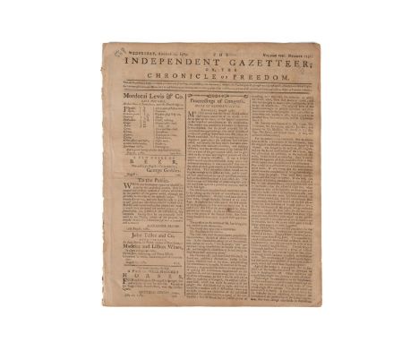 The Independent Gazetteer; or, The Chronicle of Freedom. August 19, 1789. Volume VIII, Number 1150. Important content about a