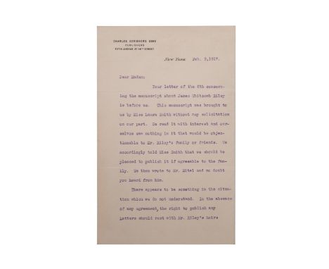 A personally signed letter to Mary Riley Payne (1864-1936) by Charles Scribner (1854-1930). Mary is author James Whitcomb Ril