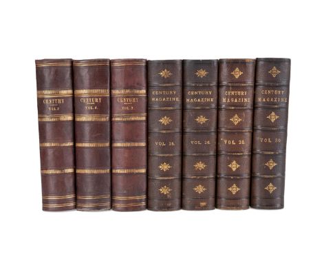 Seven volumes of The Century Magazine, bound. The date and volume numbers include, 1882 vol 2 &amp; 3; 1883 vol 4; 1884 vol 6