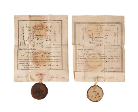 A pair of land grants from the state of Georgia. First is an 1843 land grant signed by Governor Charles J. McDonald, to Littl