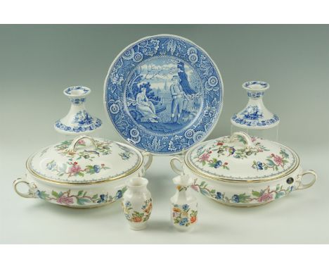 A small group of Aynsley ceramics together with The Spode Blue Room Collection "Woodman" plate and a pair of "Old Salem" cand