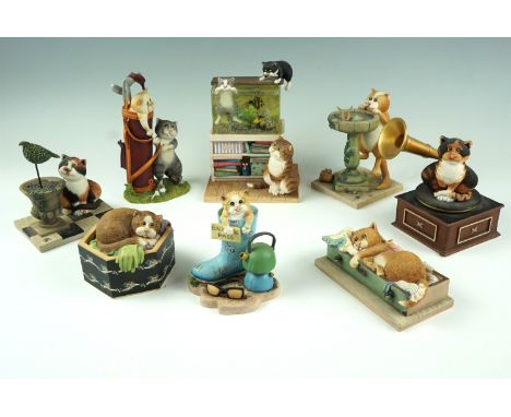 Eight Border Fine Arts 'Comic and Curious Cats', including Truly Tropical, Glorious Mud, Hat Trick (trinket box), etc
