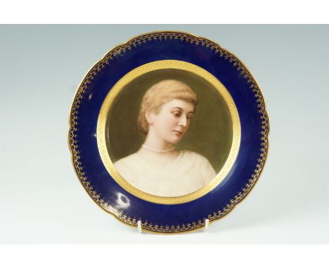 A portrait cabinet plate by Franz Xaver Thallmaier, portraying a downcast woman wearing a pearl choker necklace, reserved on 