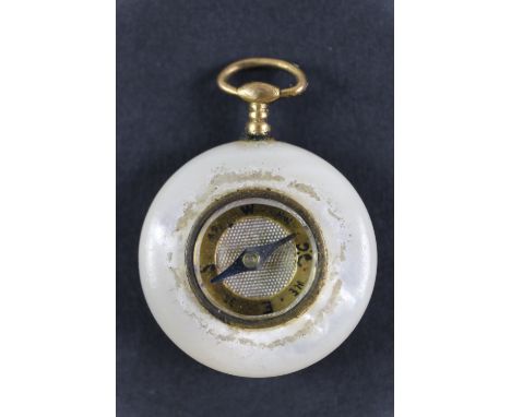 A Victorian gilt metal mounted mother-of-pearl fob compass, having a hand painted dial, 25 mm diameter excluding bow