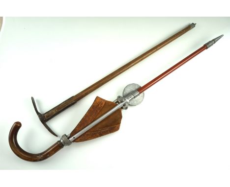 A vintage crook-handled aluminium shooting stick, and a steel and wood ice-axe, former 93 cm