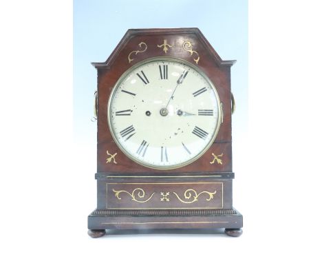 A Regency brass inlaid mahogany mantle clock, the two train fussee movement striking on a bell, white painted dial with Roman