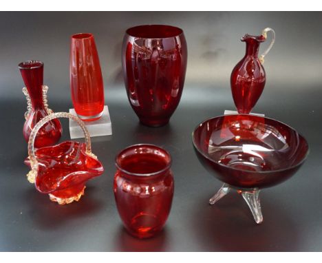 Seven items of cranberry and ruby glass, including bon-bon basket, vases, tripod bowl, etc, tallest 18 cm