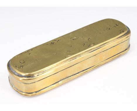 An 18th Century Dutch brass pipe and tobacco tin, having rubbed embossed scenes and script to the top and base, the hinged li