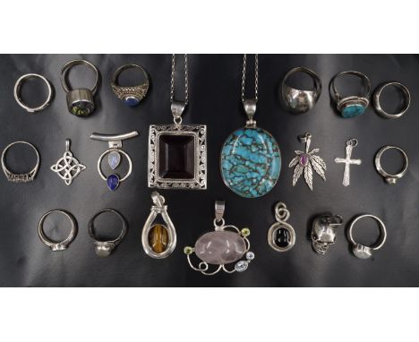 A large group of silver, white metal and semi-precious gemstone jewellery including rose quartz, turquoise and tiger's eye, a