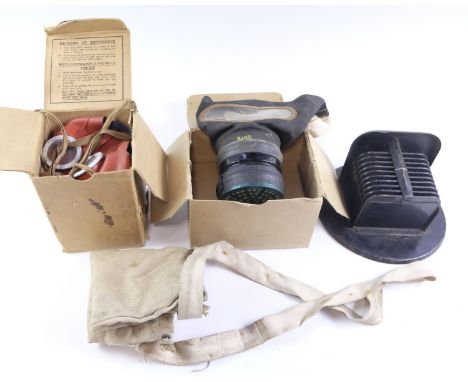 A Second World War British Home Front child's "Mickey Mouse" gas mask and carton, a civilian respirator, a Civilian Duty gas 