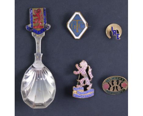 Three Home Front and other enamelled lapel badges, including 'For Home and Country', 'Empire Exhibition Scotland 1938' and a 