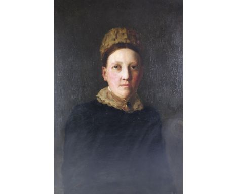A chiaroscuro portrait of a woman dressed in black with rouched headdress and collar, the latter bearing an oval brooch, circ