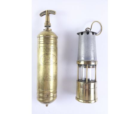 A vintage brass Pyrene fire extinguisher together with a miner's brass and tinplate safety lamp, latter 27 cm