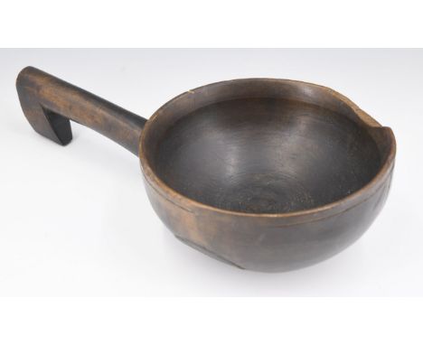 A large Welsh style hook-handled turned wood diary or similar ladle, 33 cm long