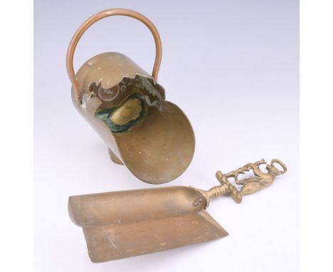 A mid 20th Century bench-made brass and copper sugar scuttle, the end set with a copper penny and half penny, together with a