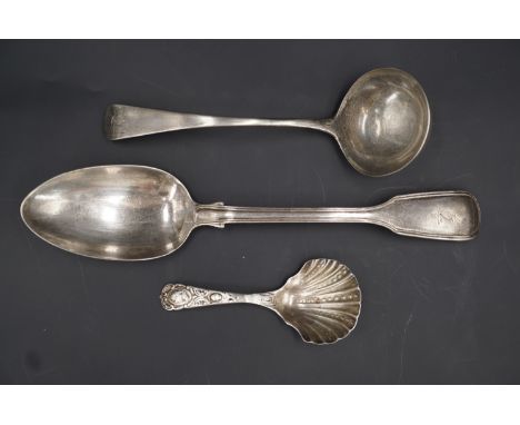 A Victorian silver caddy spoon and a thread fiddle pattern table spoon, together with a William IV silver Hanoverian pattern 