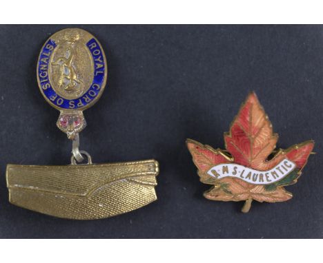 Enameled lapel badges for RMS Laurentic and Royal Corps of Signals [ The RMS Laurentic was built in 1909 by Harland and Wolff
