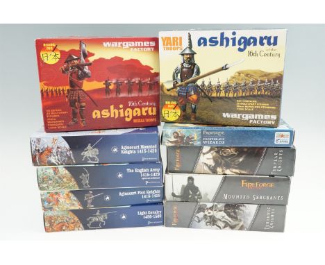 [ Wargaming ] 7 Perry Miniatures and Fireforge Games scale model medieval soldier kits, together with 2 Wargames Factory Risi