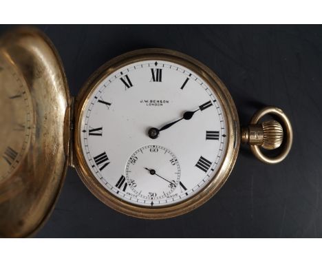 A 1920s 9 ct gold hunter cased pocket watch by J W Benson of London, having a Swiss 17-jewel movement and enamel face with Ro