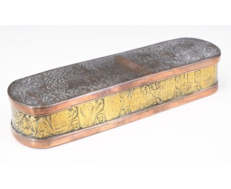An 18th Century copper and brass pipe and tobacco box, it's hinged lid decorated in depiction of the coat of arms of Great Br