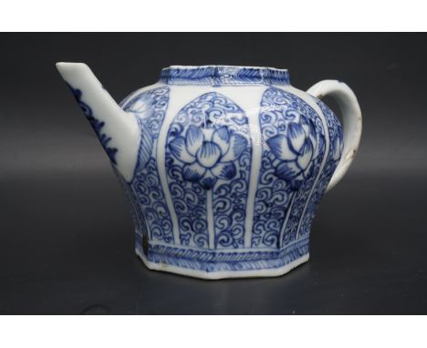 A Kangxi or later Qing Chinese miniature blue-and-white porcelain teapot, of inverted octagonal baluster form and decorated i